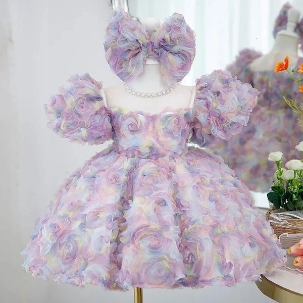 Ragazze Anno Principessa petalo viola Bambini perla Fiocco nodo tutu Abito da sposa Abiti per bambini neonato Vestito da festa di compleanno 240313