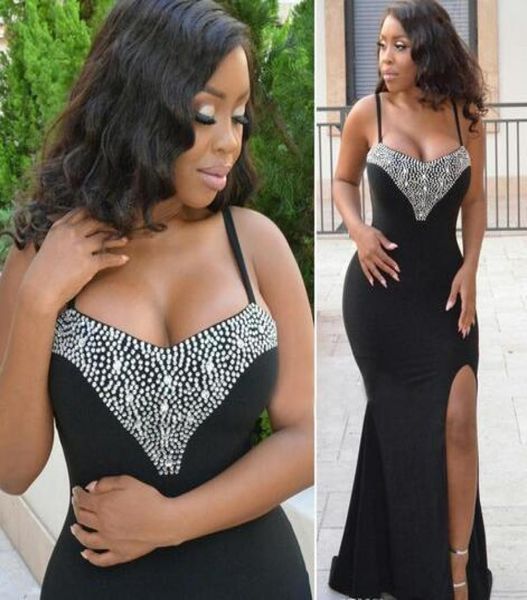 Sexy Black Girls Plus Size Ocasião Especial Vestidos Evening Wear Party Prom Dress Side Splits Frisado Lantejoulas Longo Barato Formal Gow9867638