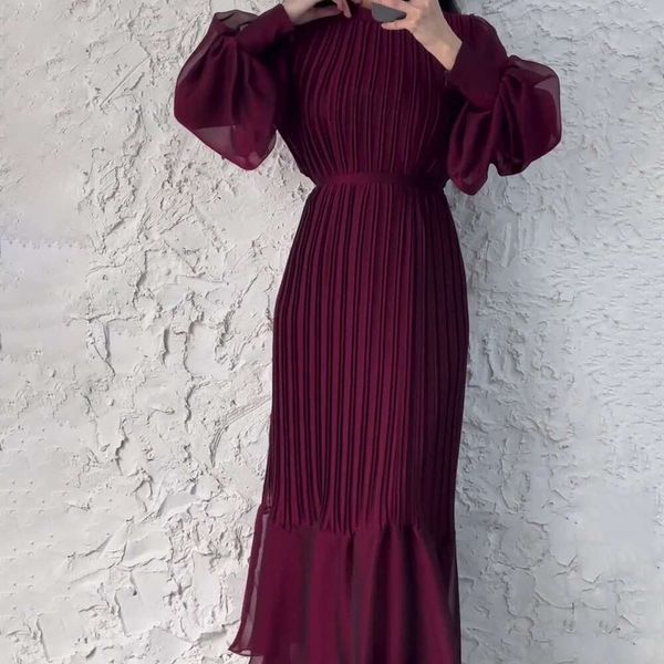 Elegante manga longa womem vestido temperamento luz estilo maduro das mulheres primavera nova dobra vestido longo super saia bainha