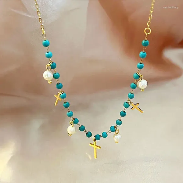 Pingente colares na moda cruz colar curto para mulheres clavícula azul pedra corrente pescoço decorativo jóias estilo presentes