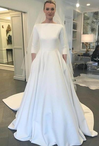 Neue Aline Crepe Modest Brautkleider mit 34 Ärmeln, U-Boot-Ausschnitt, Knöpfen am Rücken, schlichte, elegante, bescheidene Brautkleider mit Taschen9586016