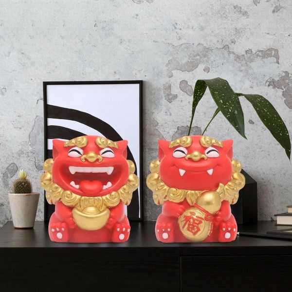 Estatuetas decorativas 2 peças mini estátua de leão colecionável decoração de feng shui ornamento de mesa para quarto ano prateleira festival de primavera