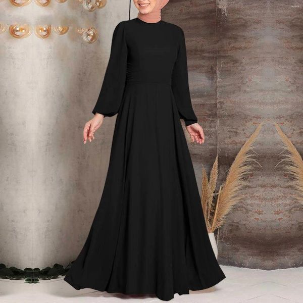 Vestidos casuais elegante muçulmano até o chão vestido longo lanterna manga o pescoço sólido abaya mulher festa vestido roupas islâmicas 2024 robe