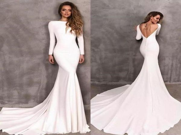 Modest Berta Sereia Vestidos de Casamento Stretch Cetim Mangas Compridas Backless Vestidos de Noiva vestidos de novia Simples Wedding Dress5646217