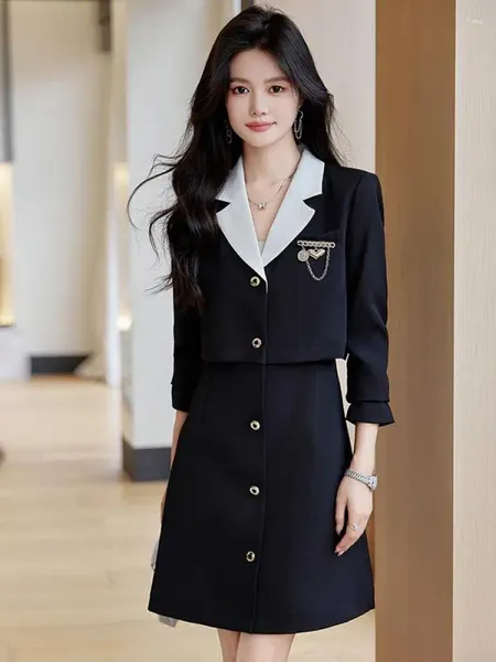 Abiti casual Vintage nero monopetto blazer mini abito da donna grigio elegante ufficio da donna manica lunga con intaglio primavera autunno corto