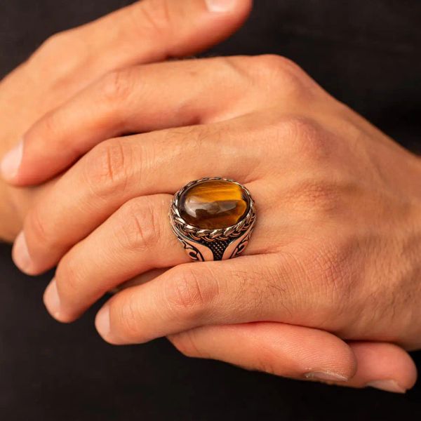 Anéis de pedra de olho de tigre marrom vintage para homens mulheres turco artesanal espiral gravado declaração 14k anel de ouro presente de aniversário atacado