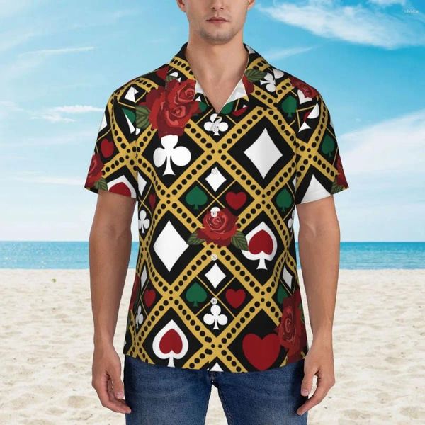 Camisas casuais masculinas Camisa havaiana praia de praia engraçada Poker Bloups Flower and Heard Print Retro Man Manga curta Top confortável