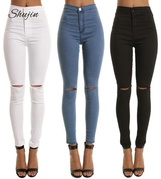 Shujin Jeans skinny casual a vita alta per le donne Hole Vintage Girls Pantaloni slim a matita in denim strappato alta elasticità Nero Blu MX1903188287