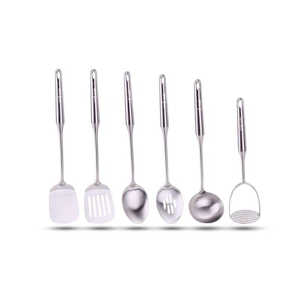 Conjunto de utensílios de aço inoxidável Milado: conjunto de 6 utensílios de cozinha para cozinhar e servir, colher, virador sólido com fenda, concha de sopa, espremedor de batatas - alças ergonômicas