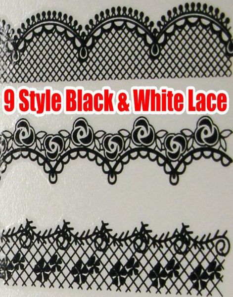 18pcs Siyah Beyaz Dantel Tırnak Sanatı Su Çıkartmaları Transfer Aktarımlar Çıkrıl Tail Art Wrap Sargalar Seksi Strip Dövme Doğal Yanlış 8063997