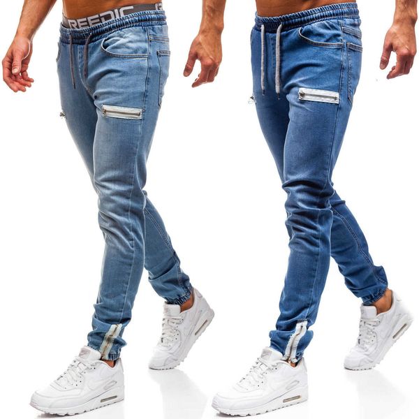 Tecido jeans masculino casual fosco com zíper design esportivo moda jeans casual para homens t240326