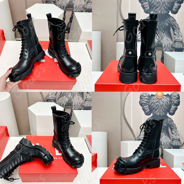 Neue Damen-Stiefel mit dickem Absatz, Luxus-Designer-Klassiker, Martin-Stiefel mit doppeltem Reißverschluss und Metall-Dreieckslogo, gepolsterter, erhöhter, rutschfester Damen-Schnürstiefel