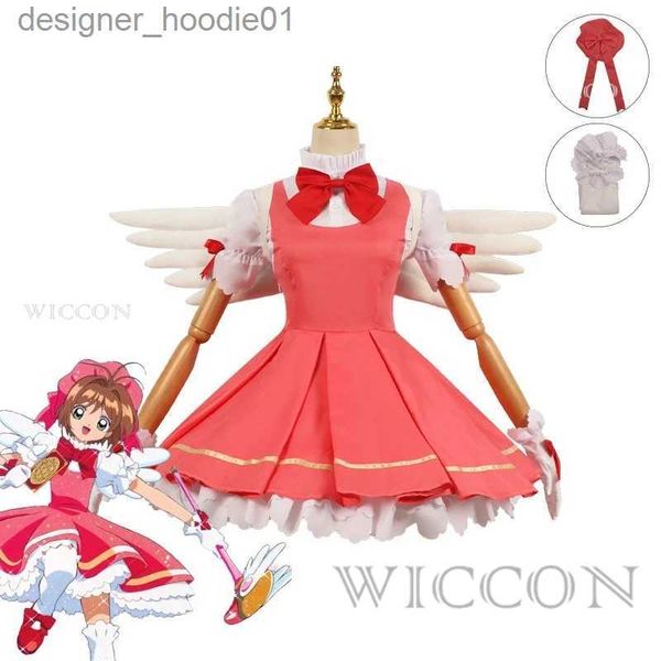 косплей аниме костюмы Cardcaptor Sakura Kinomoto Sakura Battle Lolita Dress Party Uniform Ролевая игра и крыло Хэллоуин Женская одеждаC24320