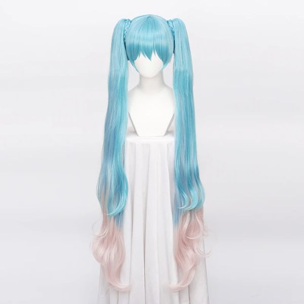 Perucas mágicas miku longo azul gradiente rosa cabelo sintético fantasia perucas chip removível rabo de cavalo + touca peruca