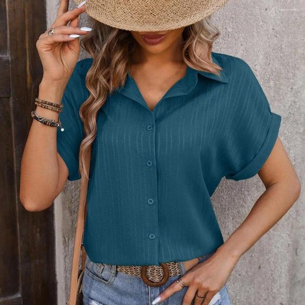 Blusas femininas botão para baixo outono topo elegante primavera verão camisas lapela manga curta camisa de cor sólida com decote em v arregaçar para um