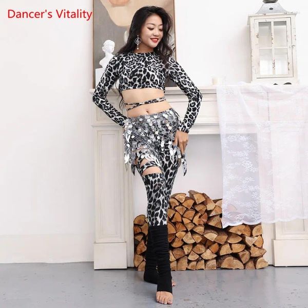 Palco desgaste dança do ventre top ou calças em torno do pescoço camisa manga longa leopardo impressão calças práticas roupas femininas elegante desempenho roupas