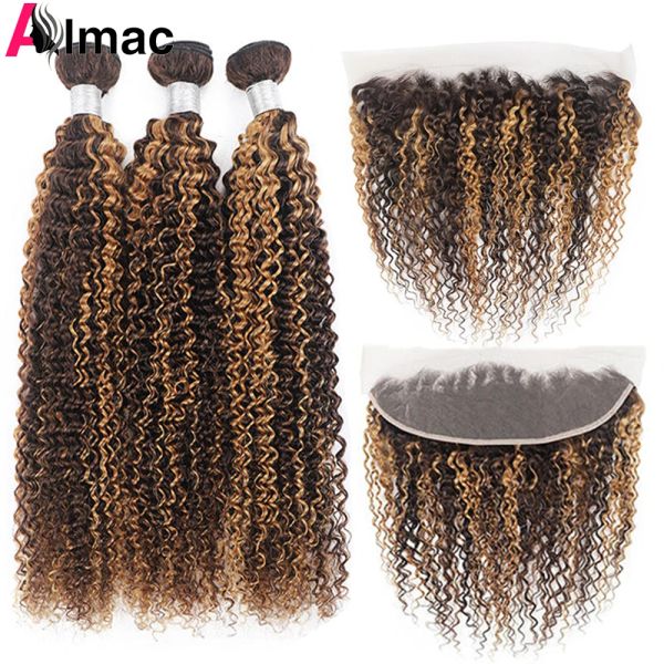 Verschluss P4 27 Highlight-Bündel mit Frontal 13x4 Zoll Jerry Curly Double Weft Echthaarverlängerung peruanisches Remy vorgezupft 220g/Set