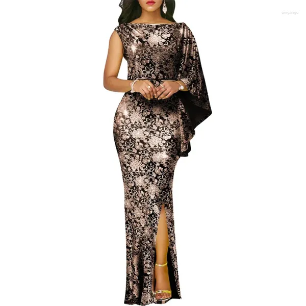 Vestidos casuais senhora longo 2024 designer de luxo elegante elegante vestido de festa de flor um ombro sexy fenda maxi para mulheres