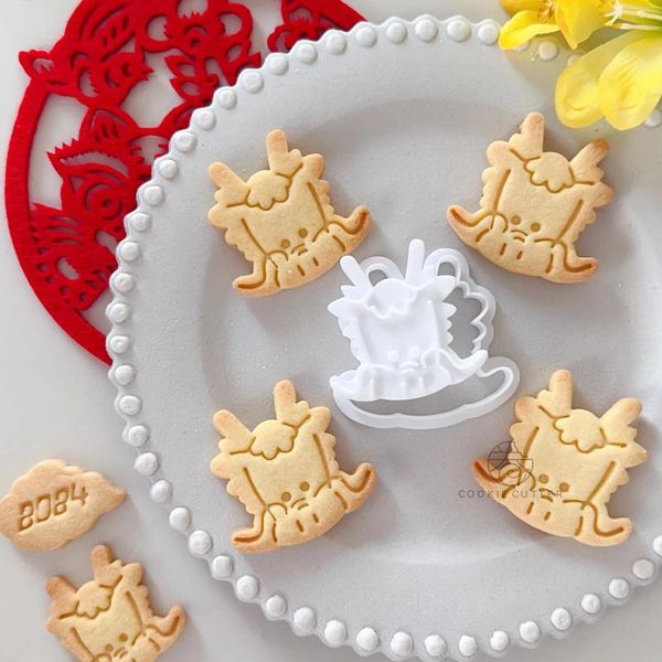 Moldes de cozimento 2024 Festival de Primavera Chinês Auspicioso Dragão Cabeça Forma Cookie Cutter Biscuit Stamp DIY Pastelaria Decoração Acessórios