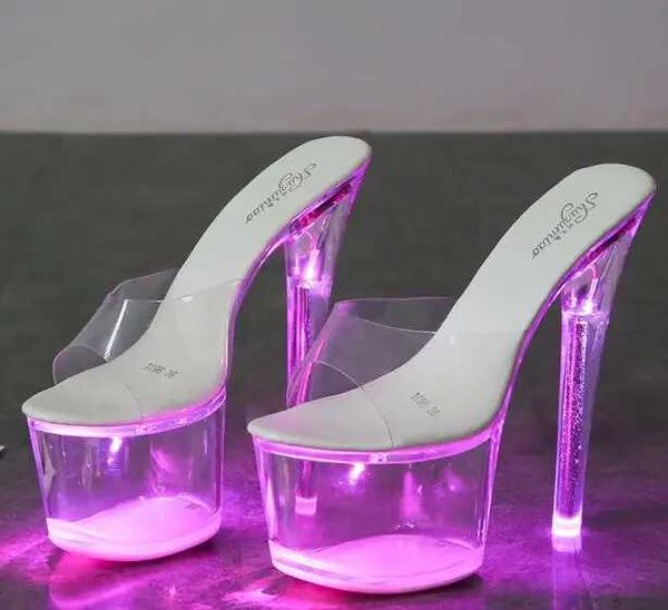 Sapatos de vestido Sandálias de tamanho grande Clear Letonete emissor de luz PVC Plataforma fivela tira super altas saltos altos mulheres sólidas 2019 novo h240321iq6edezi