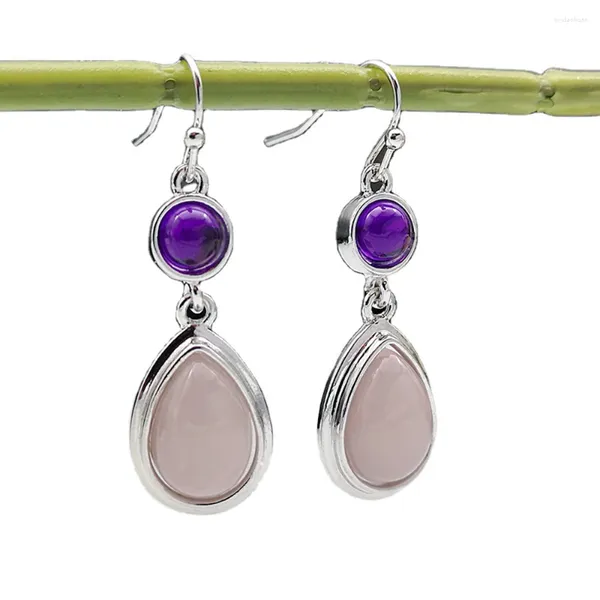 Ohrstecker, Bohemian-Stil, Retro-Stil, tropfenförmig, rosafarbener Naturstein, koreanische Mode, Platin-Beschichtung, runder Amethyst-Anhänger, Ohrbügel-Schmuck