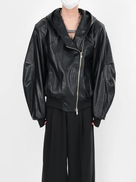 Jaquetas masculinas estilo vanguardista escuro roupas desconstruídas zíper com capuz jaqueta de couro pu casaco solto para homens