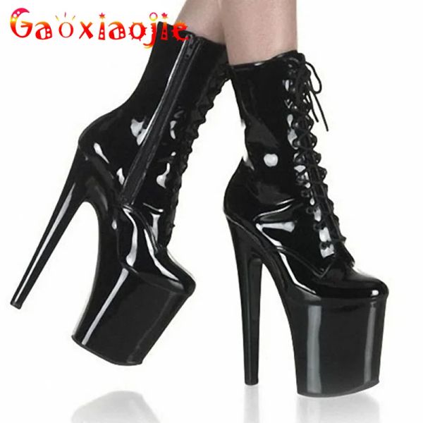 Hausschuhe 8 Zoll Super Stiletto Heels Patentleder Low -Rohr -Knöchelstiefel Stripper Schuhe Pole Tanz sexy Fetisch -Plattform Frauen Stiefel