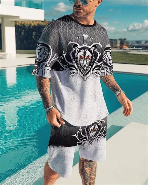 Verão masculino oneneck mangas curtas praia brisa animal 3d impresso padrão moda lazer solto camiseta conjunto terno esportivo 240315