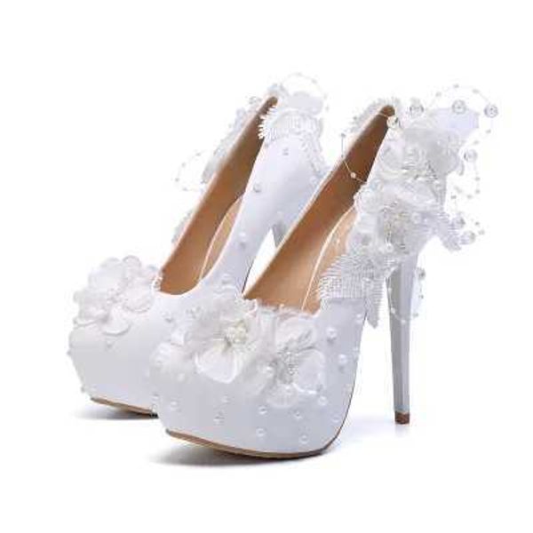 Elbise Ayakkabı Dantel Kadın Pompaları Düğün Platformu İnci Beyaz Seksi Stiletto Yüksek Topuklu 14cm Kadın Prenses H240325