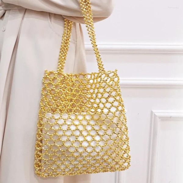 Cordão artesanal frisado em bolsa 2024 sacos femininos vintage indústria pesada moda ouro acrílico tecido à mão oco bolsa de ombro