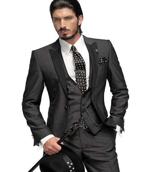 Schwarze 3-teilige Herrenanzüge, Slim-Fit-Kleid für Hochzeitsanzüge, dunkelgrau, maßgeschneiderte Mode, Bräutigam-Smoking, Männer tragen Blazer-Mantelhosen, V3706684