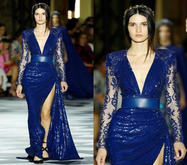 Sexy lantejoulas sereia vestidos de baile 2019 zuhair murad azul manga longa frisado coxa alta fendas vestido de cocktail de noite robes de so3795229