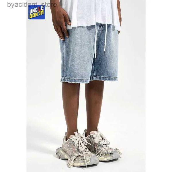Pantaloncini da uomo Pantaloncini di jeans effetto lavato con coulisse Pantaloni di jeans elasticizzati Blu Uomo Streetwear Hip Hop Jean dritto allentato L240320