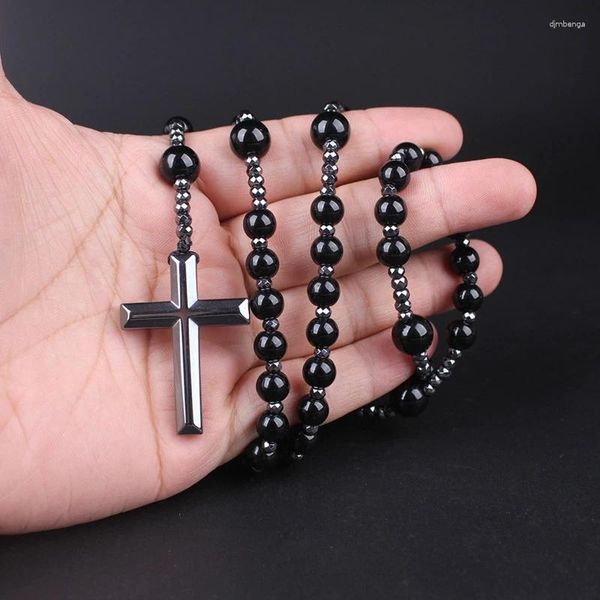 Collane con ciondolo Collana di preghiera del rosario di benedizione dell'ematite con catena lunga di amuleto di gioielli religiosi incrociati