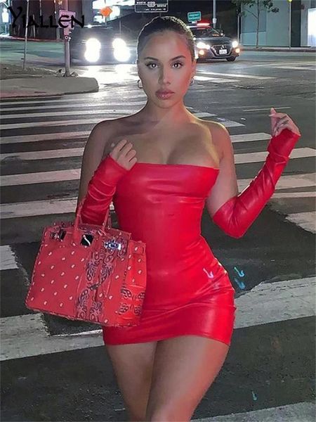 Yiallen Mode Sexy Kurze PU Schlanken Körper Eingewickelt Brust Hüfte Hohe Taille Ärmelloses Kleid Weibliche High Street Party Bar Einfarbig 240309