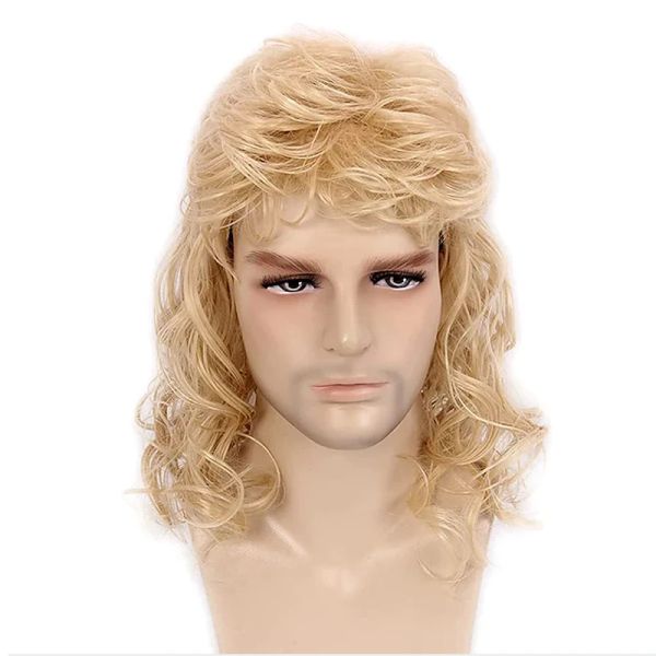 Perucas HAIRJOY Cabelo Sintético Disco Mullet Perucas para Homens Hippie Longo Encaracolado Peruca para Festa Traje Halloween