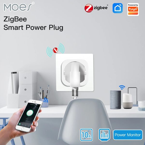 Steuern Sie Moes ZigBee Tuya-Steckdose Netzstecker 16A Smart APP Drahtlose Steckdose Funktioneller Energiemonitor Timer Alexa Google UK EU US