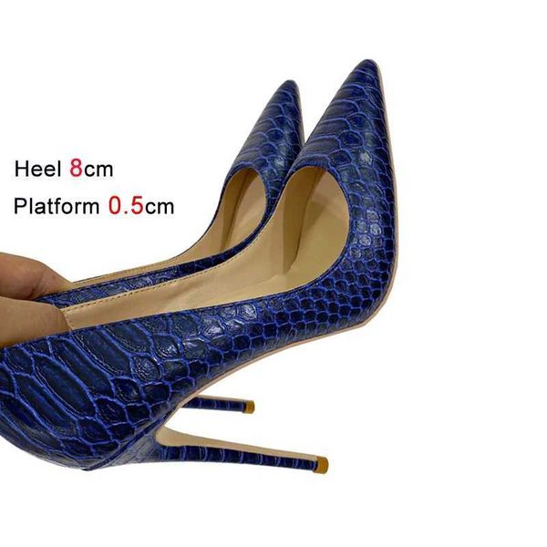 Sapatos de vestido senhoras padrão de cobra salto alto azul impresso stiletto único 12cm t-show modelo tamanho grande 45 dedo apontado mulheres bombasujmt h240321