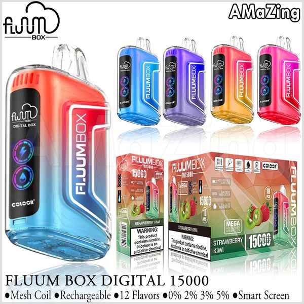 Fluum Box Digital 15000 Puffs Descartáveis ​​Vape Box Puff 15k Oil Power Display Malha Bobina Recarregável E Cigarros Fluxo de Ar Ajustável Pré-preenchido 22ml Vaper