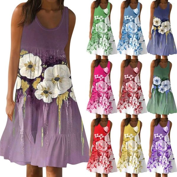 Vestidos casuais vestido havaiano para mulheres verão primavera plissado boêmio bonito sem mangas fluindo praia tanque reto vestidos cortes