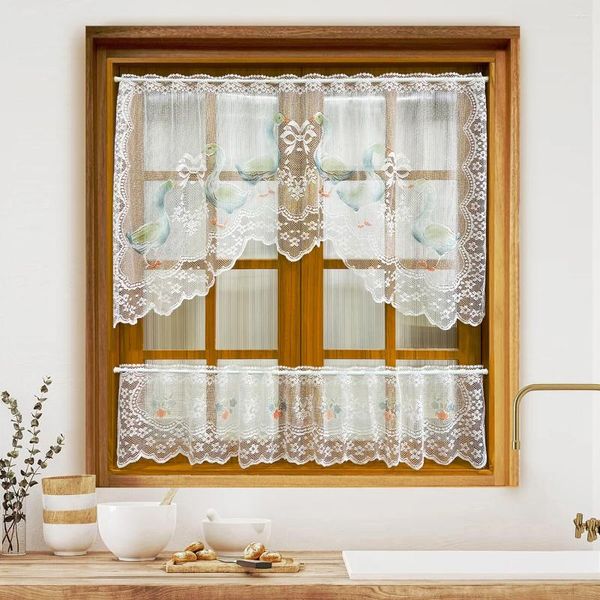 Cortina 2 peças/set urdidura malha jacquard cisne padrão colorido cortinas de cozinha decoração superior e inferior porta partição rendas s