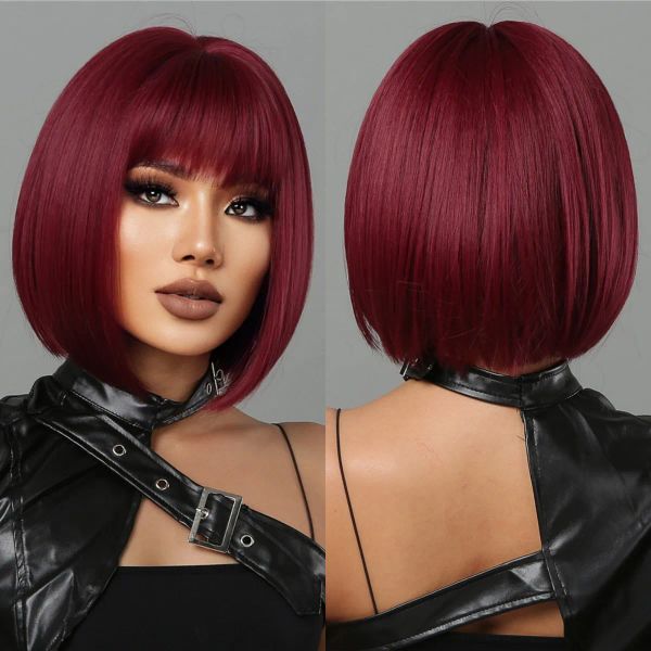 Perucas vinho vermelho curto perucas sintéticas com franja borgonha natural bob peruca reta para preto feminino festa cosplay traje resistente ao calor