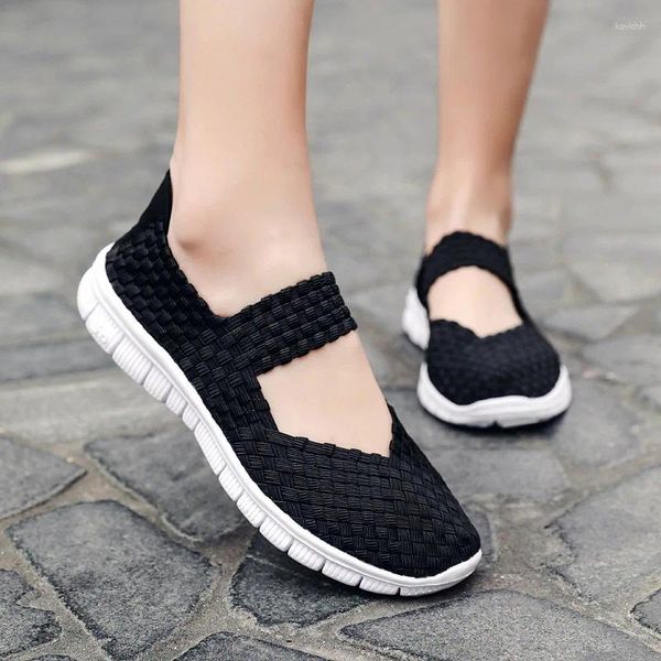 Casual Schuhe 2024 Frauen Dame Sommer Slip Auf Wohnungen Turnschuhe Atmungsaktive Leichte Frauen Flache Manuelle Woven Flach Sho