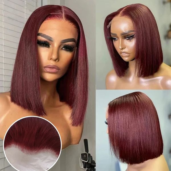 Babyhaar-Perücke, 99J, Burgunderrot, kurze Bob-Perücke, 13 x 4 Spitzenfront-Perücken für schwarze Frauen, brasilianisches Echthaar, rot hervorgehobene Farbe