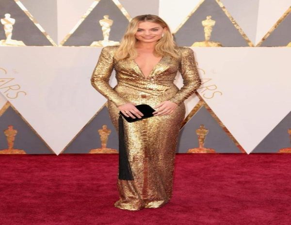 Elegante 2019 Novo Oscar Margot Robbie Ouro Vestidos de Noite Sexy Profundo Decote Em V Manga Longa Bling Lantejoulas Celebridades Tapete Vermelho Prom Dr8177703