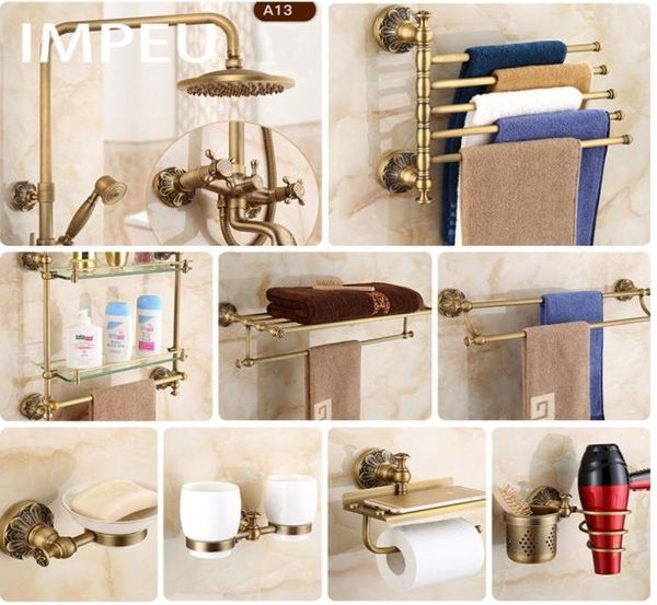 Acessórios de banheiro de bronze antigo, pacote allinone, barra de toalha, anel de toalha, suporte de escova de banheiro, gancho de robe, secador de cabelo l2429269