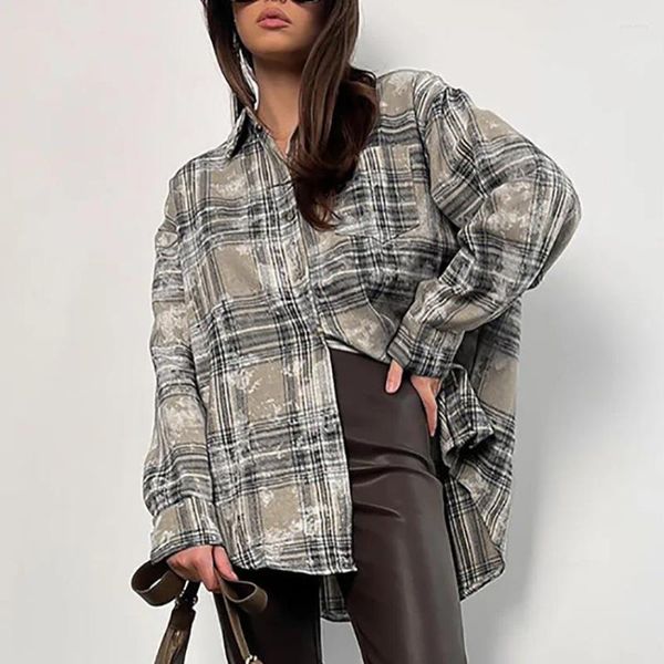 Damenblusen American Retro Loose Distressed Brushed Plaid Shirt Design Sense Layered Long Sleeves