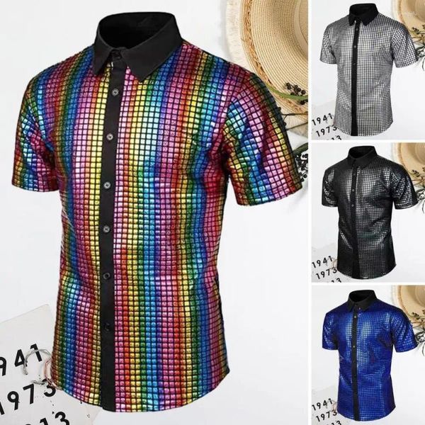 Camisas casuais masculinas camisa de desempenho vintage 70s disco club com lantejoulas reflexivas manga curta botão colarinho para festas