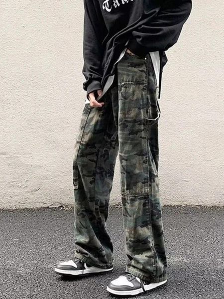 Männer Jeans Hosen mit Taschen Gerade Spleißen Camouflage Mann Cowboy Hosen Breites Bein 2024 Koreanische Herbst Weiche 90er Jahre streetwear