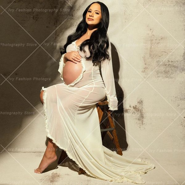Vestido de maternidade para po shoot sexy transparente plissado mulher grávida barriga escavada manga comprida chá de bebê 240309